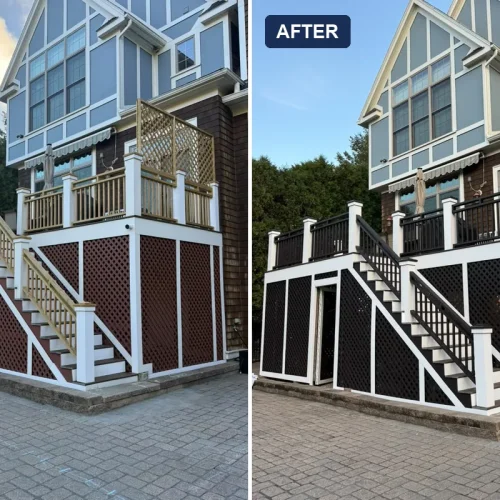 Before and after deck painting in Newton, MA: raw wood railings and red lattice turned into white trim with dark brown railings by ALP Home Services