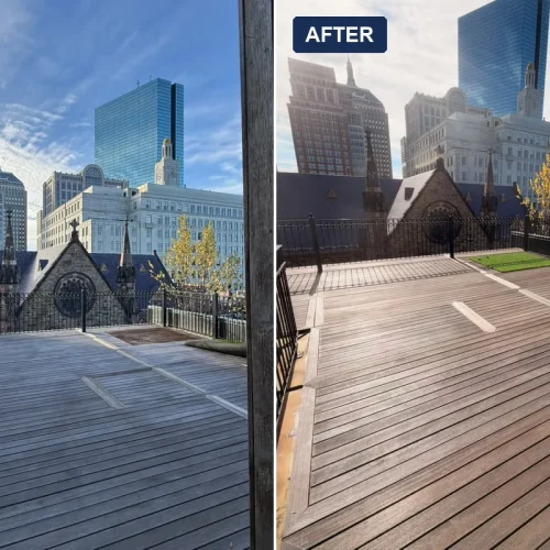 Before and after rooftop deck sealing in Back Bay, Boston: weathered gray mahogany decking sealed back to a warm tone by ALP Home Services